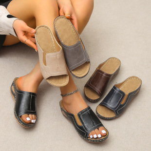 European and American New Large Size All-match Cross-border Flat Slippers Women's Amazon Open Toe Wedge Foreign Trade Loose Slip-on Shoes
