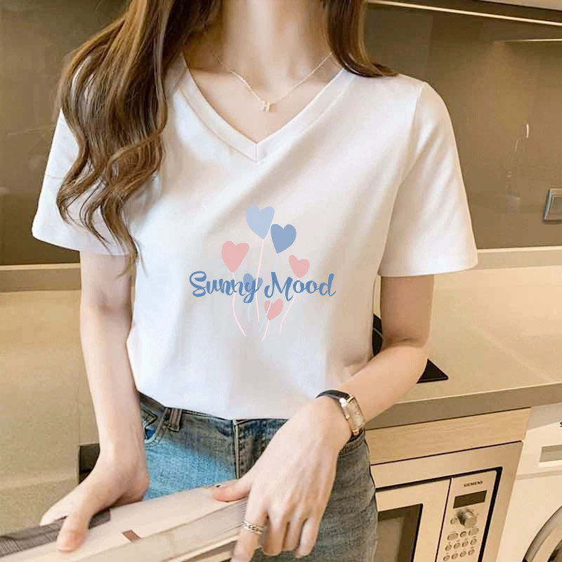 Cotton V-Neck Short-Sleeve T-Shirt for Women, Summer 2026 New Design, Niche Style, Loose Fit, Slimming, Trendy Top