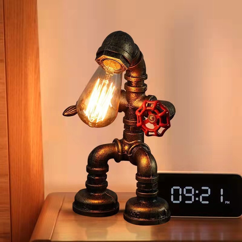 Creative button type iron pipe table lamp water pipe robot industrial style decoration bar cafe retro water pipe table lamp