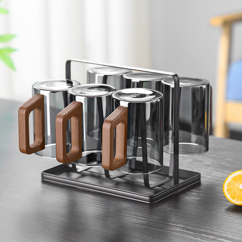 Taza de té de vidrio con mango de madera transfronterizo, resistente a altas temperaturas, juego de tazas para sala de estar, juego de tazas de agua para el hogar, hervidor de agua para hospitalidad.