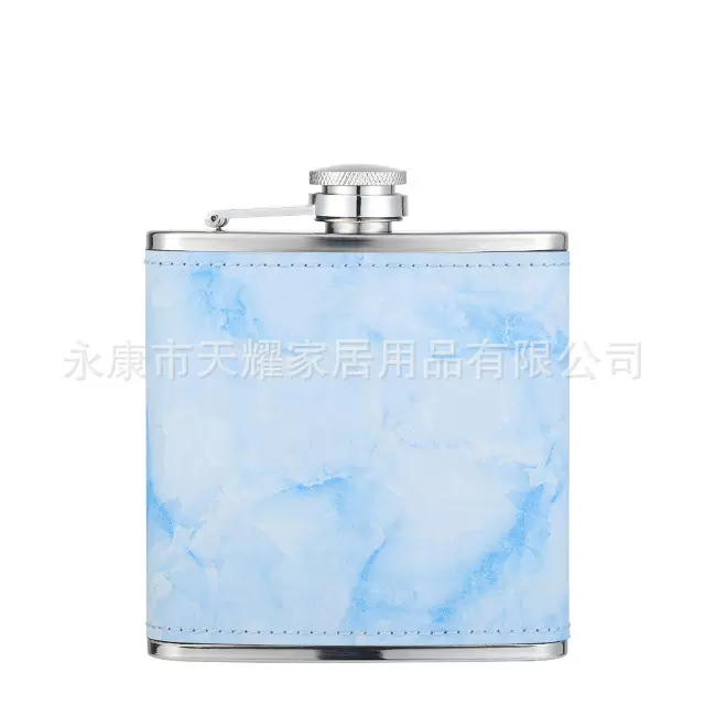 厂家供应便携式6oz不锈钢贴皮小酒壶天蓝色皮革