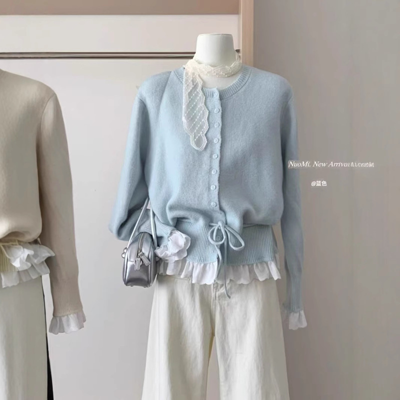 Fake Two-piece Korean Style Sweet Age-reducing Lace Lace Waist Lace Sweater Women's Autumn and Winter New Knitted Cardigan for Women