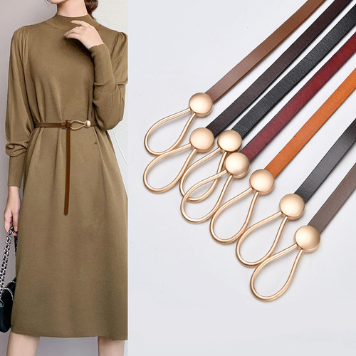 Cowhide thin belt for women genuine leather versatile knotted water drop buckle decorative belt Korean style fashion multi-color belt wholesale