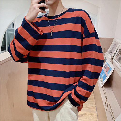 Classic Striped Long-Sleeve T-Shirt for Men, Round Neck, Thin, Loose, Fashion, Unisex, Casual Underwear Top