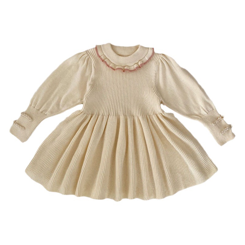 2023 otoño niña bebé rojo cuello redondo de encaje color sólido manga larga dulce falda vestido desgaste interior