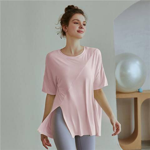 Btmcq mid-length split short-sleeved sports T-shirt women's summer yoga fitness design sense niche outerwear top