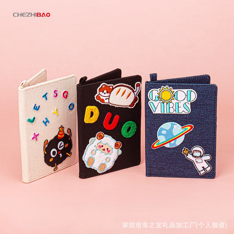 现货DIY牛仔护照夹刺绣布贴旅行护照保护套个性帆布旅行证件包包