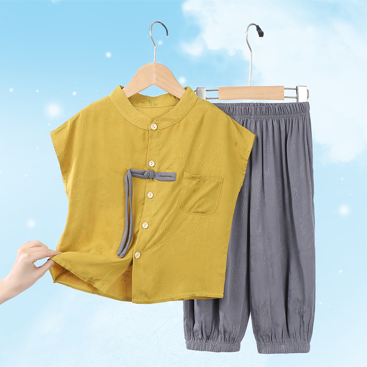 男女童夏装新款套装夏季人造棉棉绸宝宝中式国风短袖儿童两件套