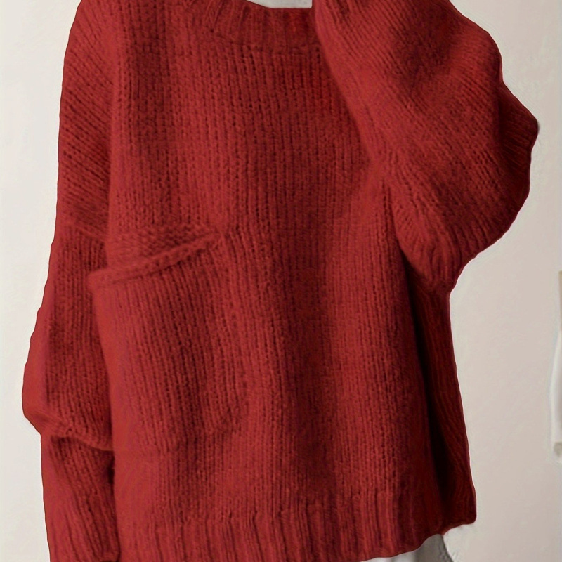 Plus Size Solid Pocket Crew Neck Sweater Casual Long Sle跨境|undefined