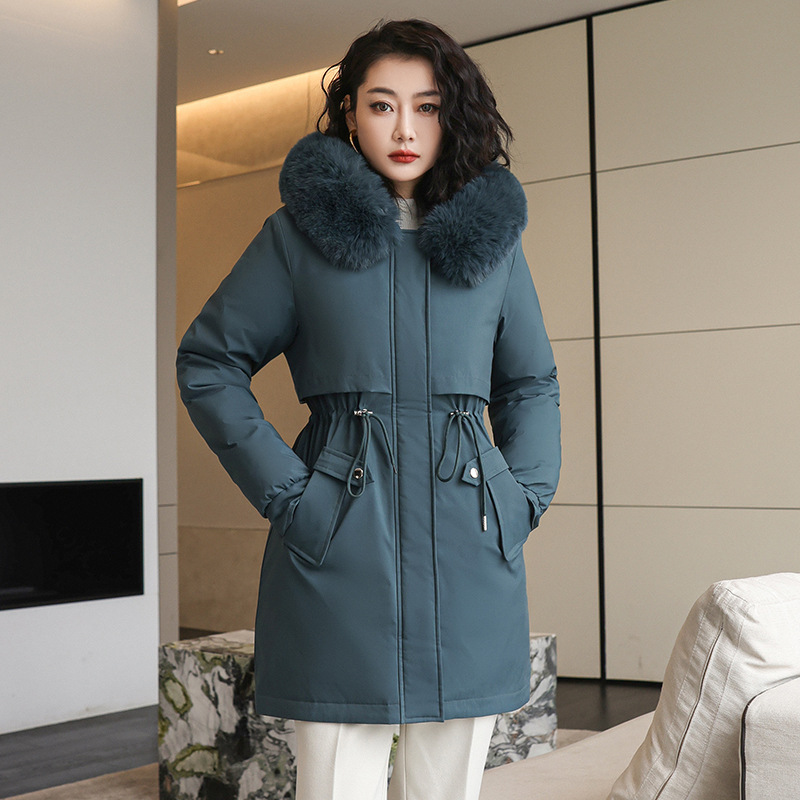 Comercio exterior ropa de algodón de mujeres mediana larga tirada para superar 2023 gran cuello encapuchado chaqueta de algodón de plumón de invierno abrigo cálido