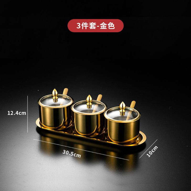 304ステンレススチール组み合わせ味付け家庭用セットキッチン调味料収纳缶缶スプーン付き取っ手付きゴールド塩缶|undefined