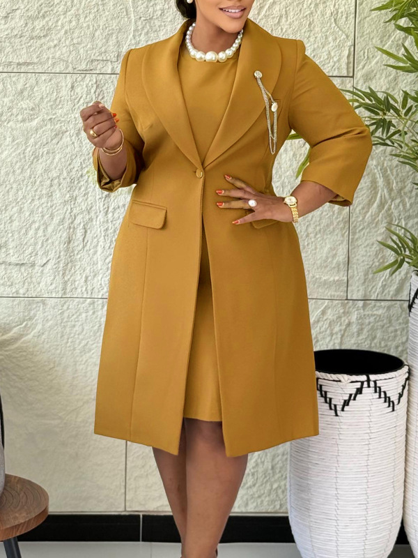 D610 European and American Women's Clothing Elegant Stretchy Slim-Fit Solid Color Blazer and Slip Dress Two-Piece African Fashion Set