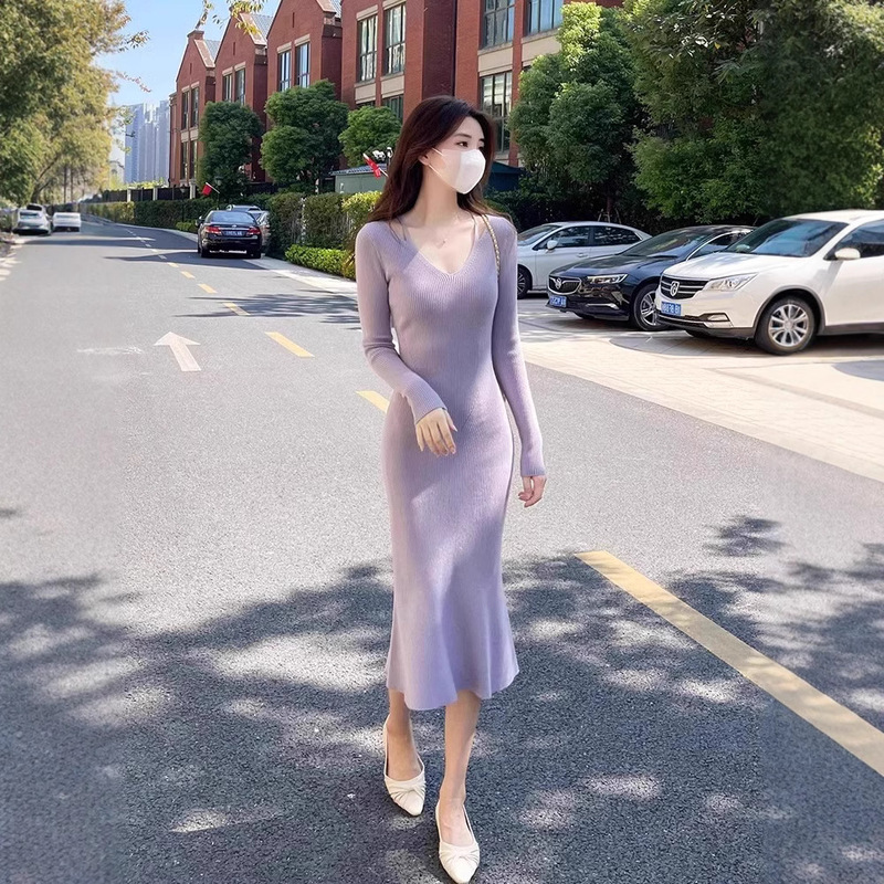 Purple V-Neck Knitted dress Children's Fall/Winter French Waist Fishtail Long Dress Slim-Fit Base Hip Sweater Dress