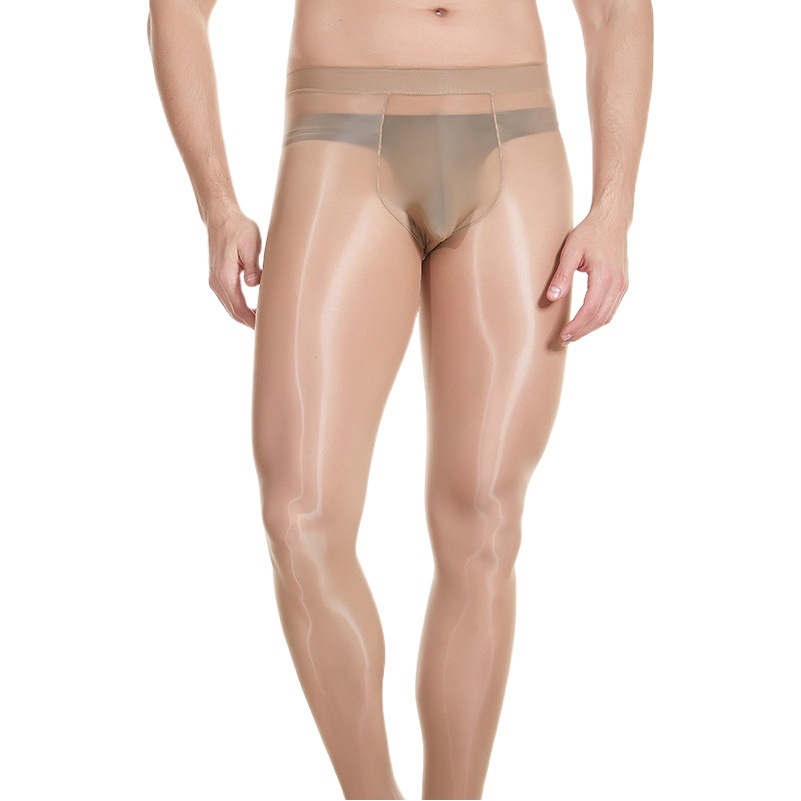 Qinghe más tamaño pantimedias aceitosas de los hombres extra grande en forma de U bolsa medias brillante transparente ultra-Delgado de alta seda elástica suave