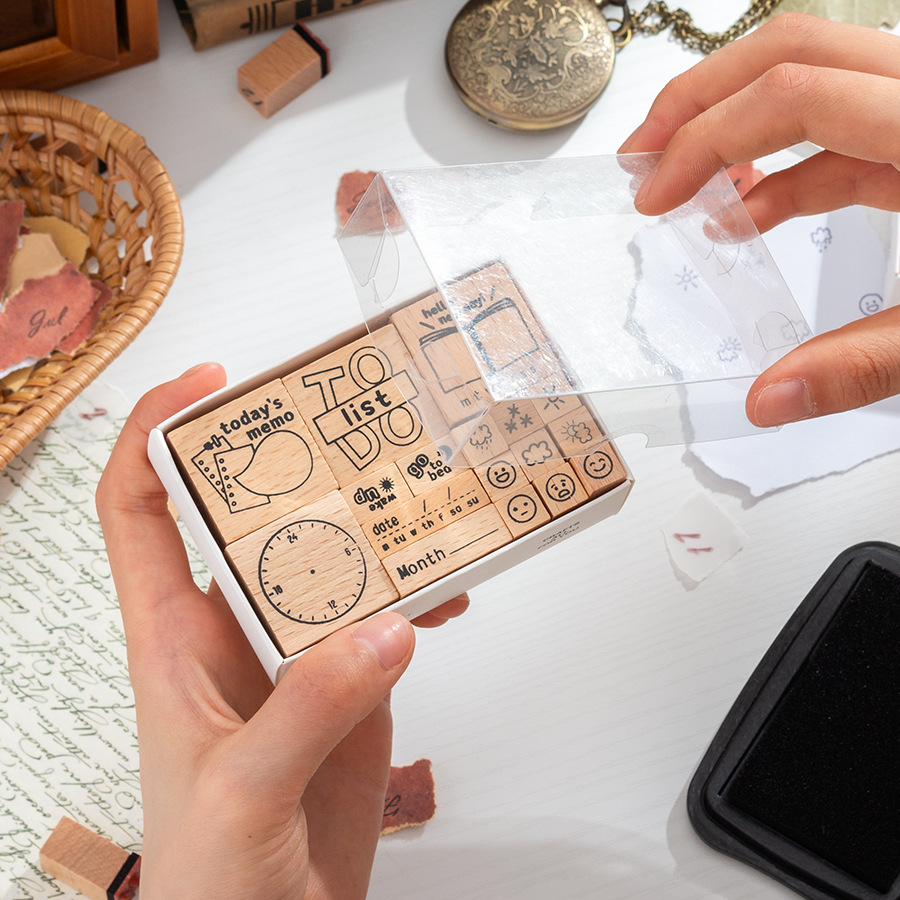 Sello de madera Tiempo Sello de madera Juego de cajas Mes de la semana Decoración de la cuenta manual digital Fecha transfronteriza Plan Sello de tiempo