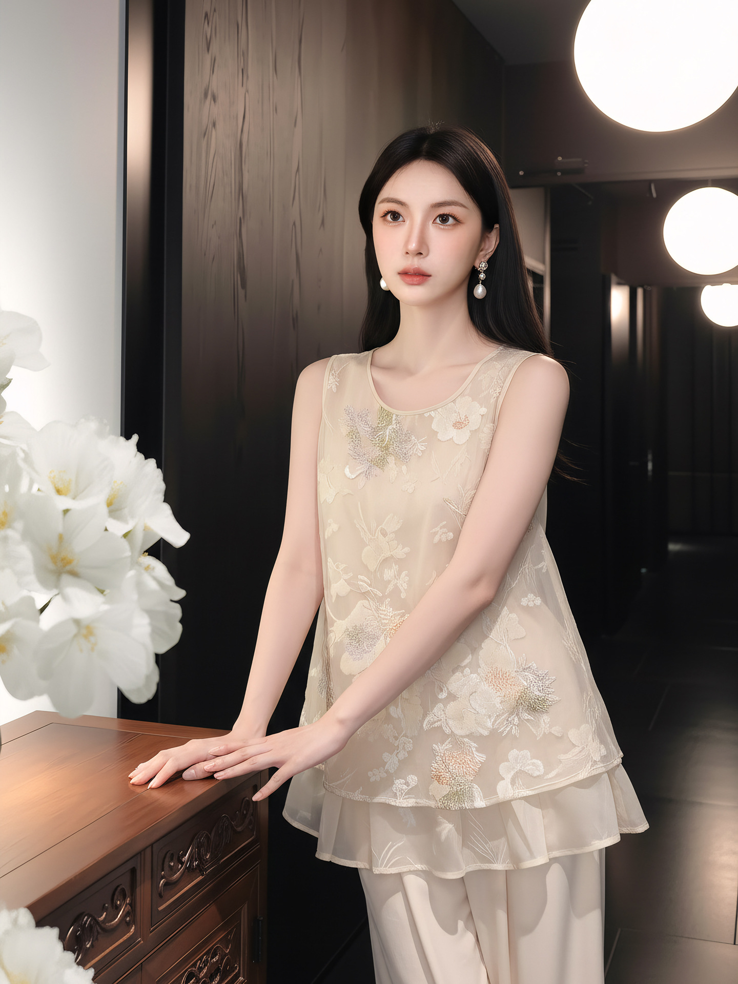 Áo hai dây nữ phong cách Trung Hoa thêu hạt cườm ren nhung — Gạo hạnh, Xanh lá cây nhạtcolor, Bột đào
