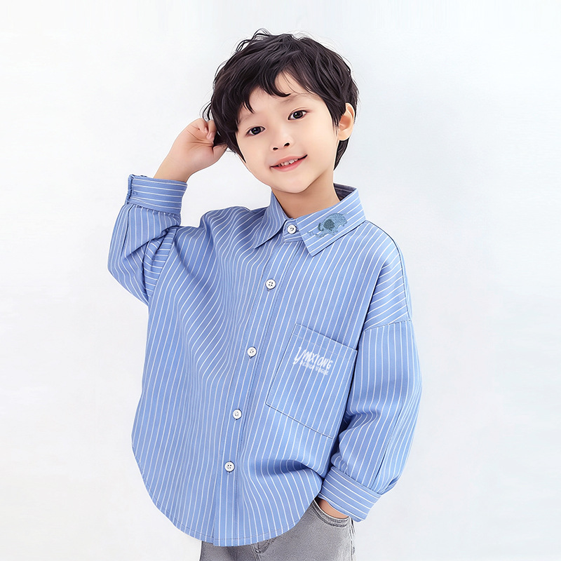 儿童2026新款长袖衬衫韩版宽松男童春秋衬衣儿童蓝条纹刺绣百搭
