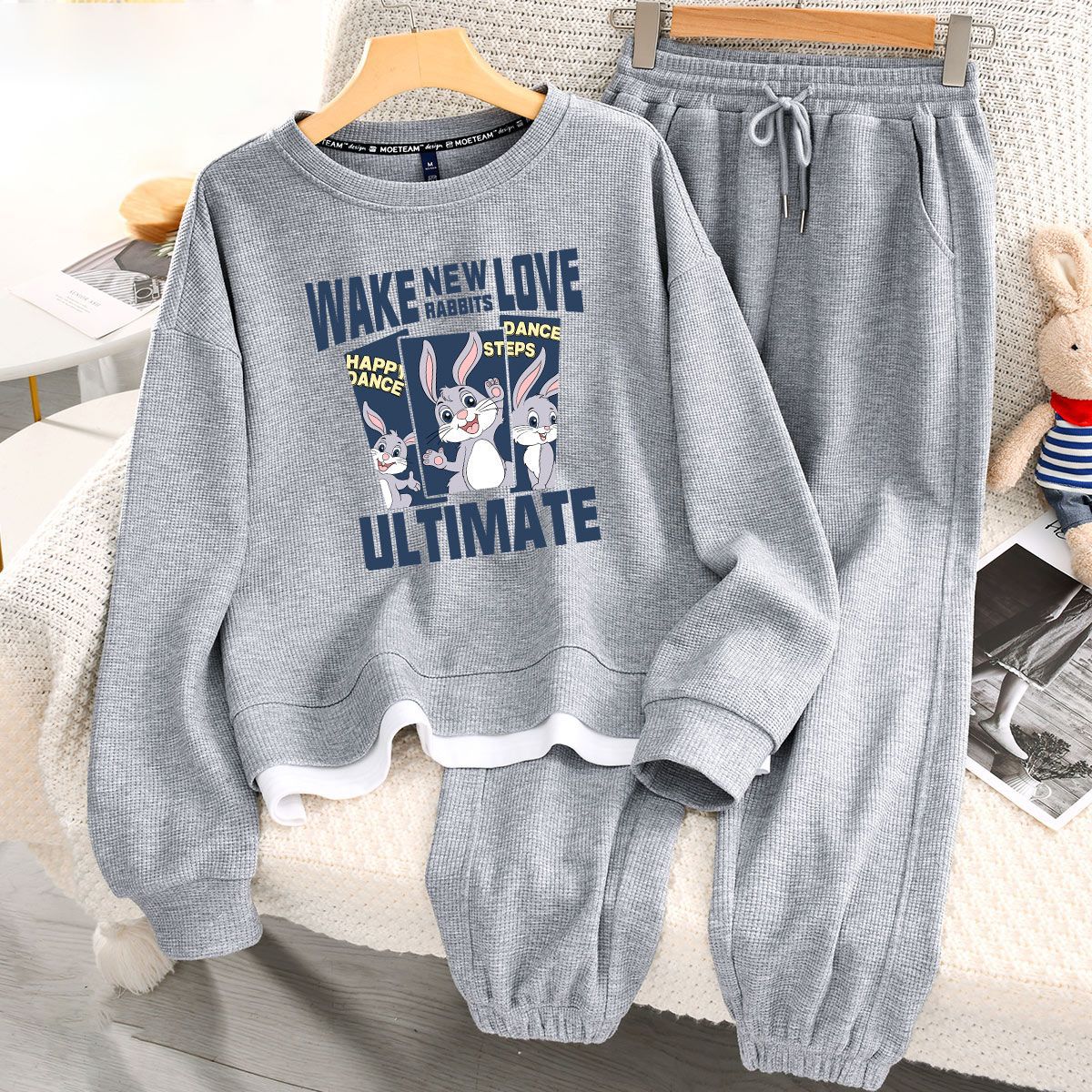 美式复古卡通卫衣套装女春秋新款港风潮牌上衣卫裤两件套