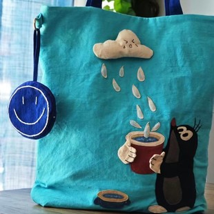 Japanese outing lightweight and exquisitely embroidered raindrops and clouds small mole canvas bag shopping bag temperament shoulder handbag