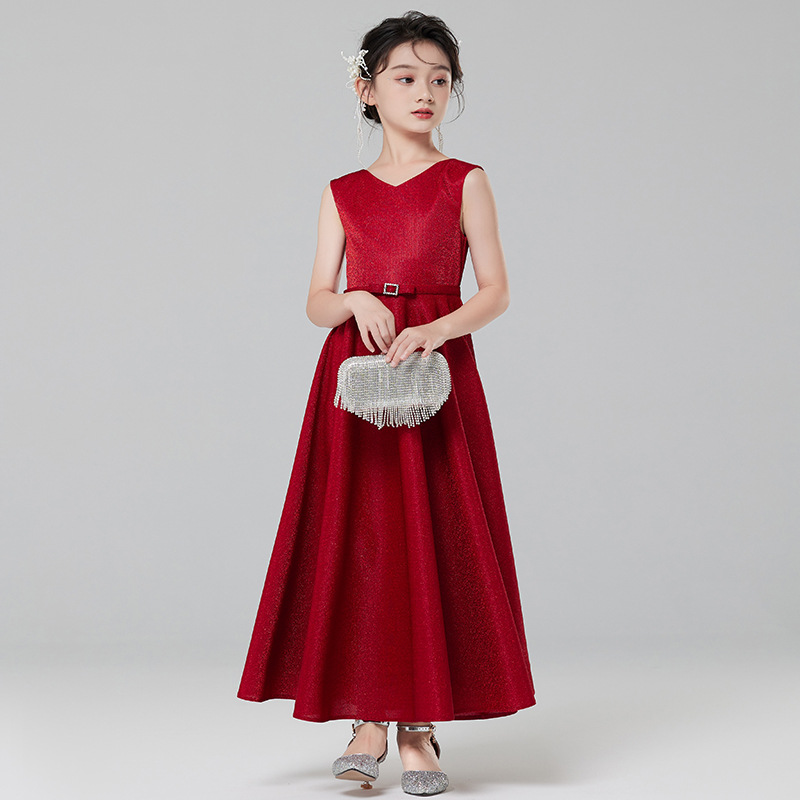 Vestido de noche de las niñas rojo niña de las flores Niña de la boda de alta gama princesa vestido otoño niños anfitrión piano traje