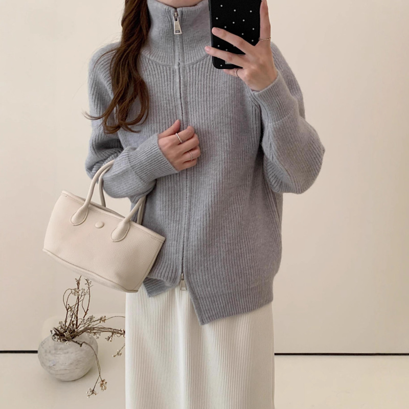 韩系chic简约立领针织开衫女秋冬加厚气质复古高级双拉链毛衣外套|undefined