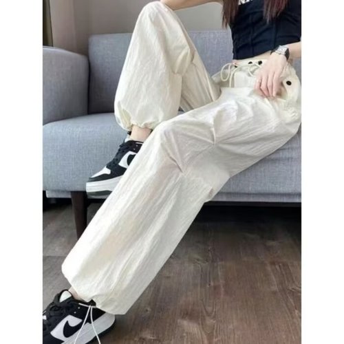 Summer Thin American Ice Silk Work Pants for Youth High-Waisted Loose Tied-Ankle Casual Straight Leg Sports Pants