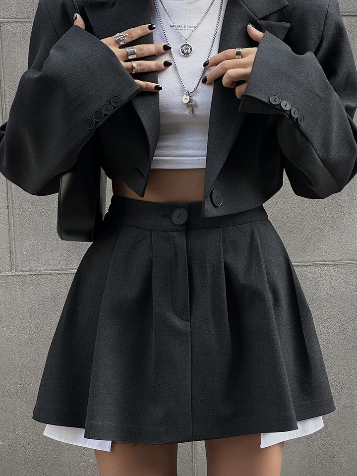 Bộ vest blazer dáng ngắn cổ ve áo kèm chân váy siêu ngắn dài tay — Màu hồng, Màu hồng nhạt, Màu đen, Tất cả các màu đều có trong kho, size L trọng lượng: 670g chi tiết 30