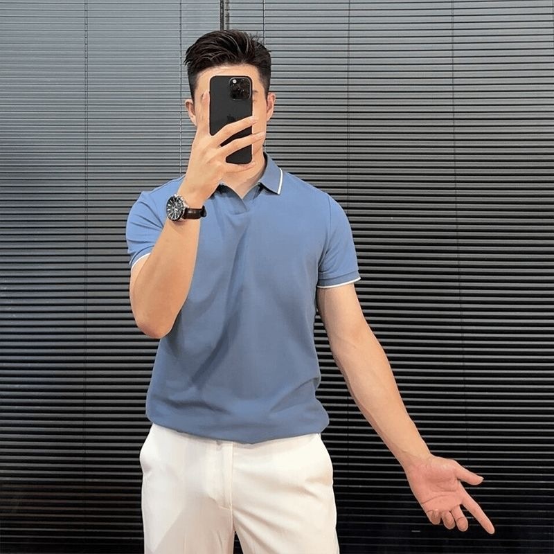 Áo polo nam phối màu cổ V tay ngắn mùa hè form slimfit — màu đen, Sương mù xanh, màu trắng chi tiết 1
