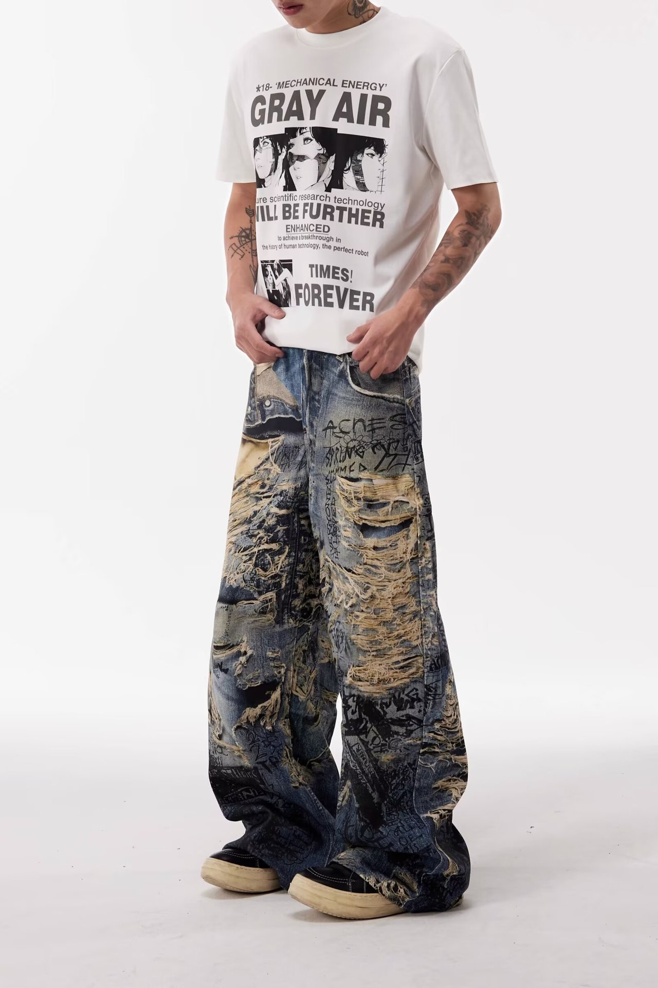 Herren Graffiti Destroyed Jeans Gerade Lockerer Streetstyle_voghion.com