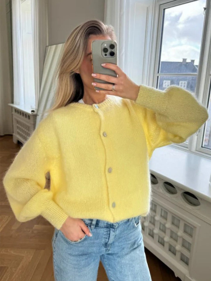 Áo cardigan len dệt kim dáng mỏng nhẹ cài nút một hàng, tay dài cổ tròn nữ — hoa hồng đỏ, màu be, màu cam, màu hoa cà chi tiết 17