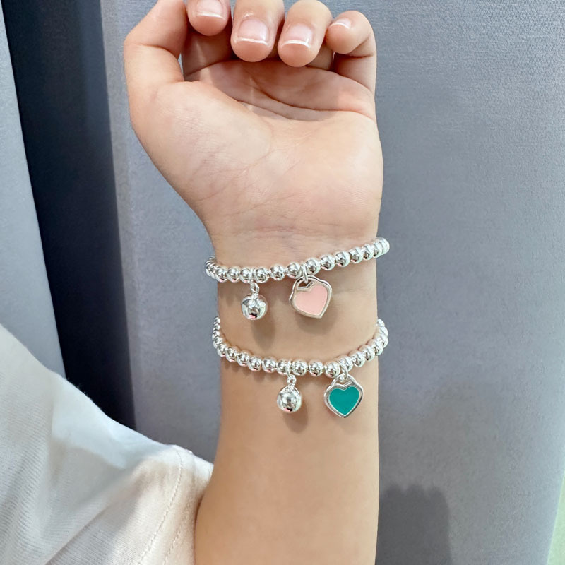 Children's Pure Silver Bracelet s925 New Heart Pendant Girls' Silver Bracelet Baby Girls' Birthday Gift Round Bead Necklace