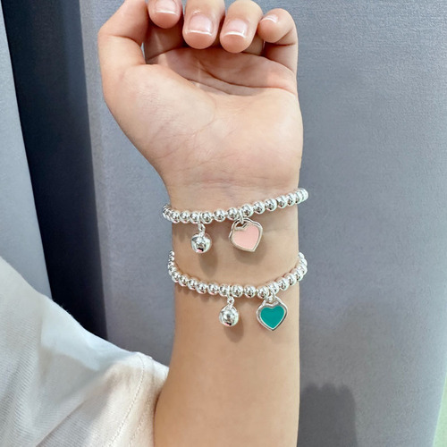 Children's Pure Silver Bracelet s925 New Heart Pendant Girls' Silver Bracelet Baby Girls' Birthday Gift Round Bead Necklace