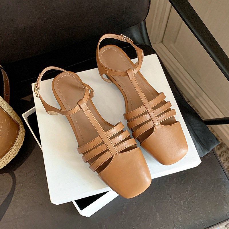 Sandal nữ đế bằng da bò lớp đầu quai chữ T dệt cổ điển — Màu nâu chi tiết 18