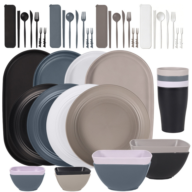 Cross-border best-selling wheat straw square bowls, plates, cups, cutlery, oval dinner plates, sauce dishes, knives, forks, spoons, and cutlery sets