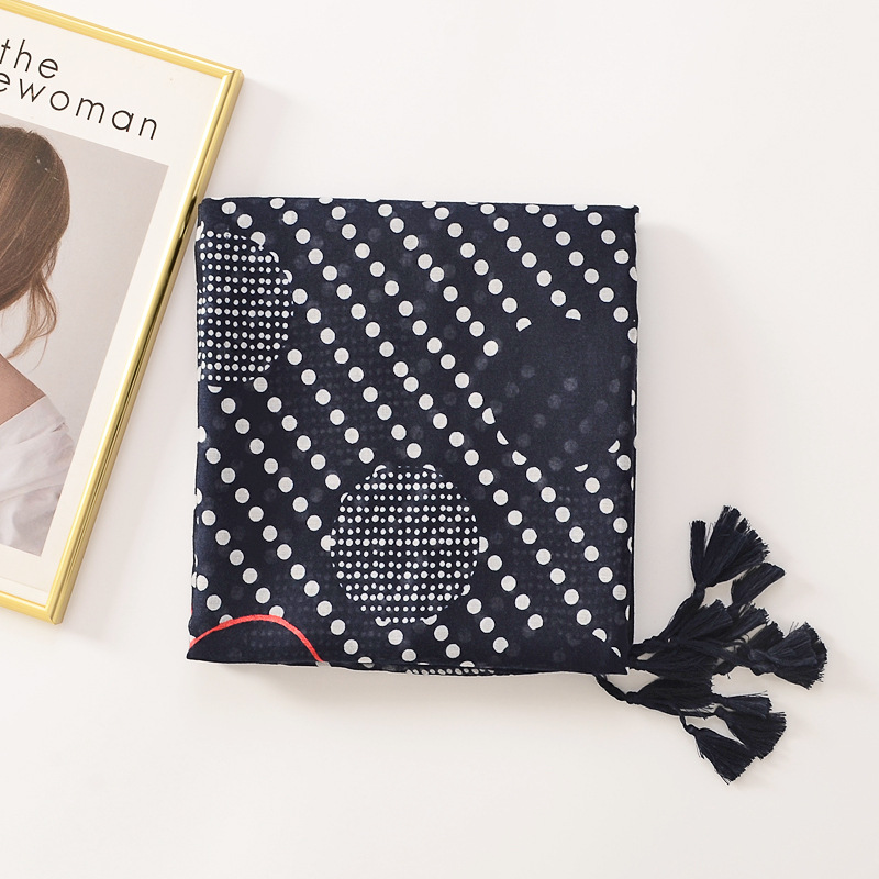 Llanura azul marino redondo lunares borla larga algodón y lino sensación seda bufanda viaje foto decoración chal protector solar Toalla de playa
