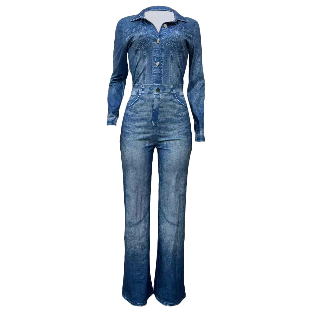 Damen Jumpsuit In Jeansoptik Mit Print Modischer Winter Overall_voghion.com