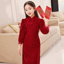 女童旗袍礼服裙春季过年礼服长袖红色中式花童婚礼唐装儿童拜年服
