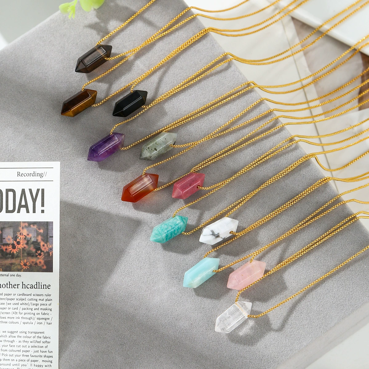 Ювелирные изделия Zhouhang, популярный кулон из натурального кристалла, аметист, лазурит, ожерелье, двойная заостренная колонна, ювелирные изделия, оптовая продажа