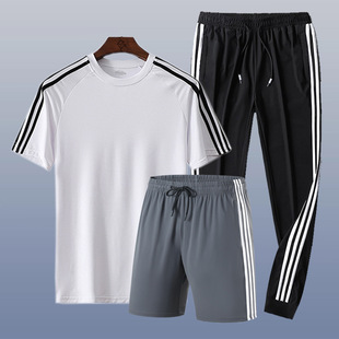 Summer three-piece suit for men and women fat plus size sports leisure boutique quick-drying ice silk three-bar combination set