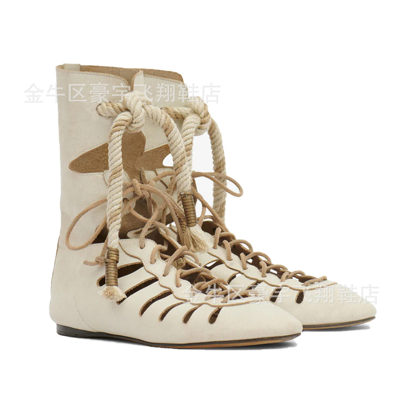 Cross-Border European and American Style Versatile Elegant Commuting Daily Mid-Calf Boots Flat Round-Toe Fashion Women's Boots Large Size Women's Boots with Laces