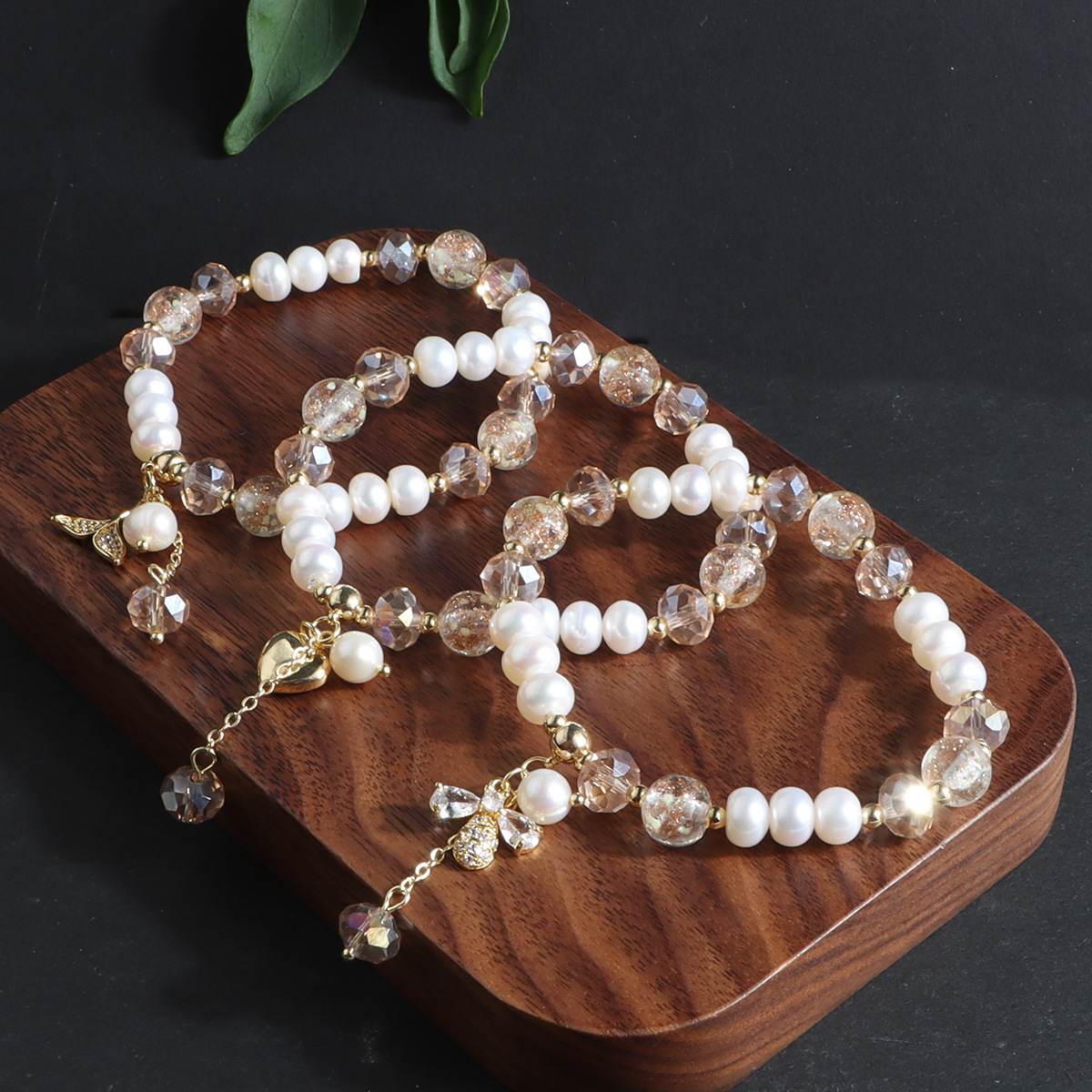 New Chinese Natural Freshwater Pearl Bracelet Crystal Bracelet Bee Fishtail Lucky Pendant Bracelet All-match Live Explosion