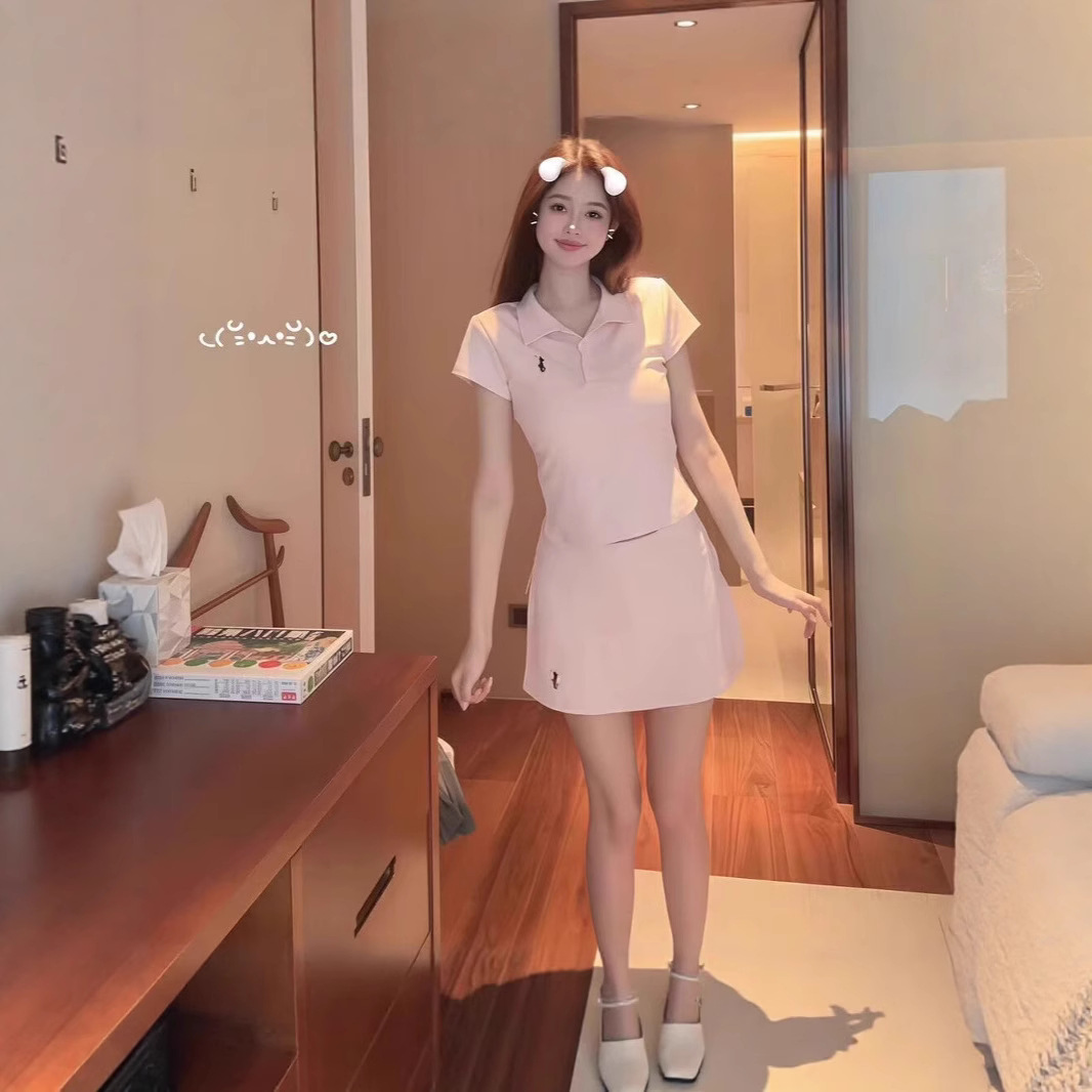 여성용 한국식 포니 자수 세트, 순면 폴로 칼라 반팔 티셔츠, 여름 스포츠 하이웨이스트 스커트 투피스 세트