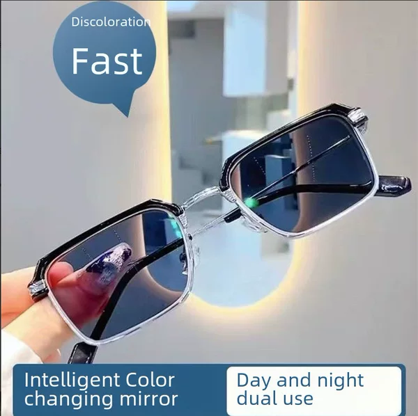 Photochromic Prescription Glasses for Men with Square Frames, Decorative Non-Prescription Glasses for Students, Trendy Color-Changing Glasses for Women with Large Faces
