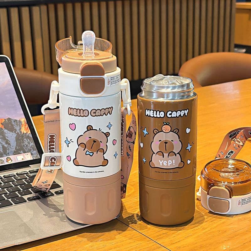 かわいいカピバラカップダブルドリンク学生魔法瓶カップ調節可能なカップロープ持ち運びが簡単シリコンノズルウォーターカップ|undefined