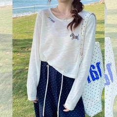 白色小马刺绣针织防晒罩衫女夏季慵懒宽松显瘦薄纱上衣