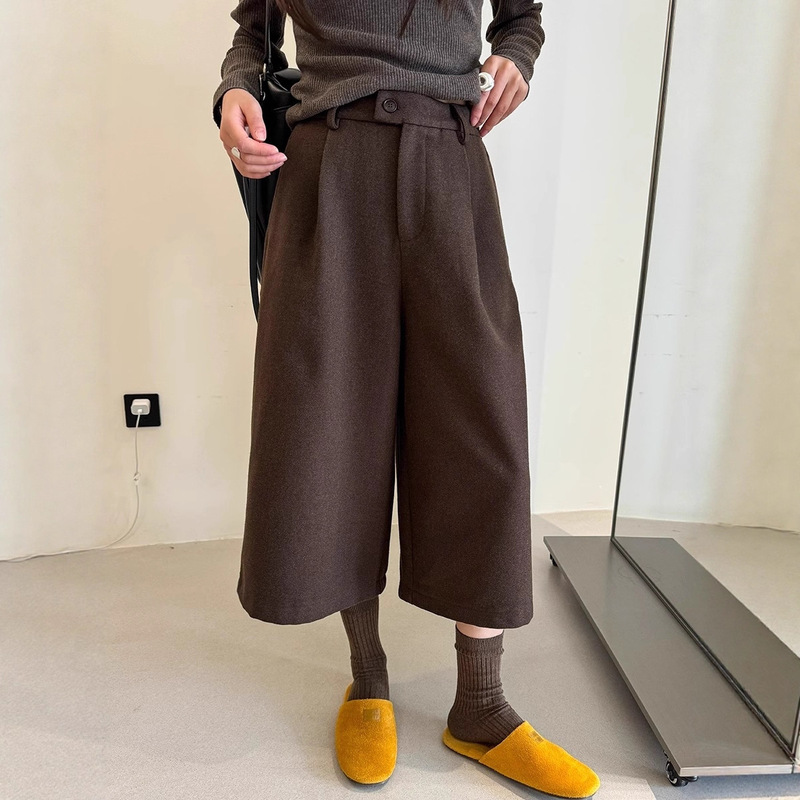 Retro Brown Woolen Cropped Pants for Women Autumn and Winter 2025 New Loose Casual Versatile Straight Wide Leg Pants
