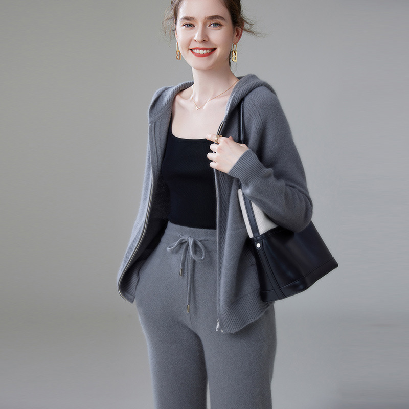 Cashmere Hooded Simple Solid Color Women's Zipper Cardigan Loose Casual Sports Style Thickened Knitted Pants Suit