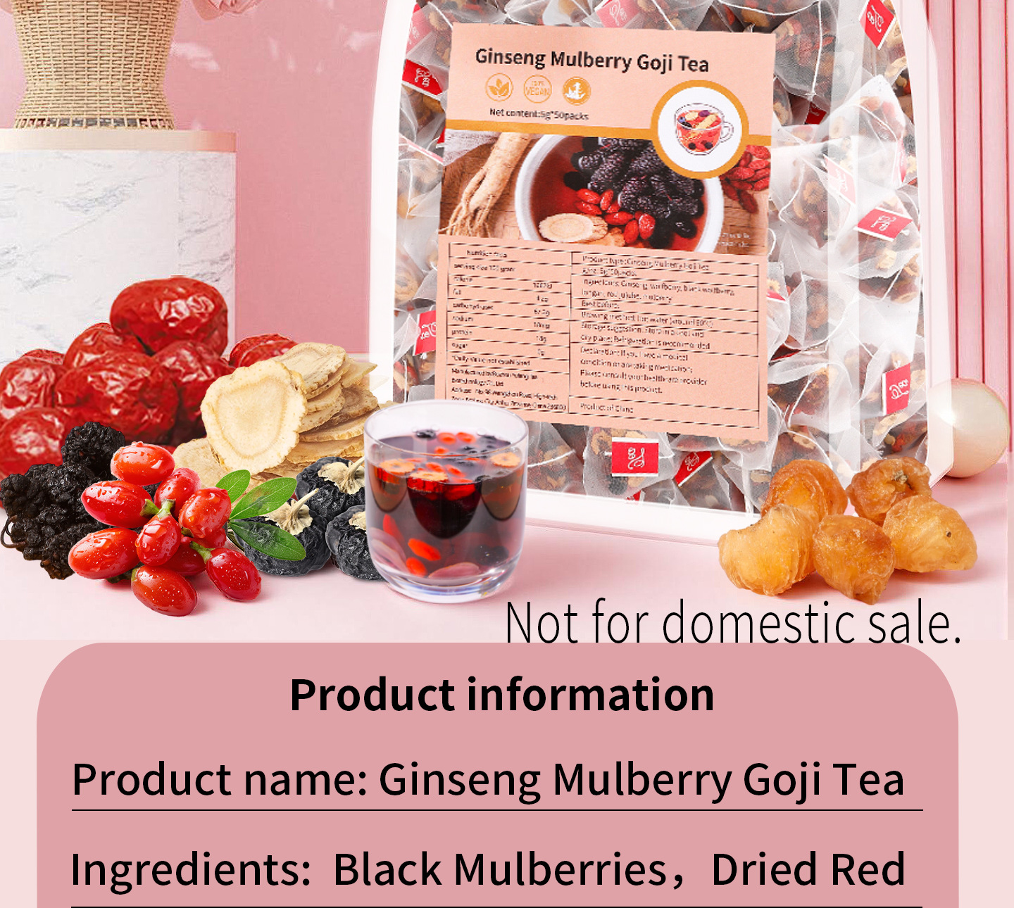 Ginseng Black Goji Mulberry Red Date Longan Wellness Tea Bags 25 Pack Sugar Free Herbal Tea overview