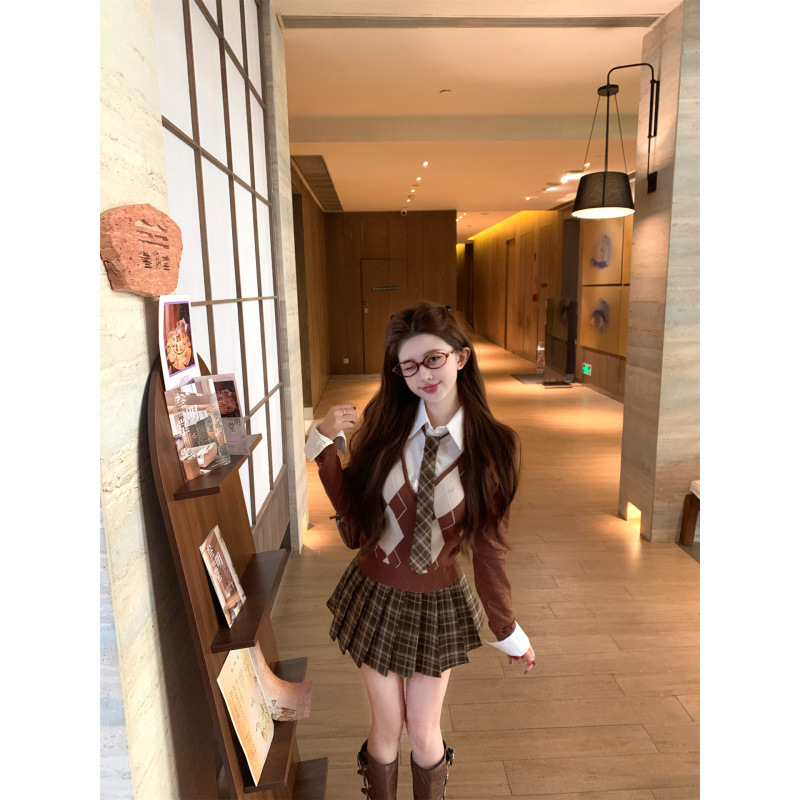秋冬美拉德学院风假两件菱格纹毛针织衫+百褶短裙两件套装女|undefined