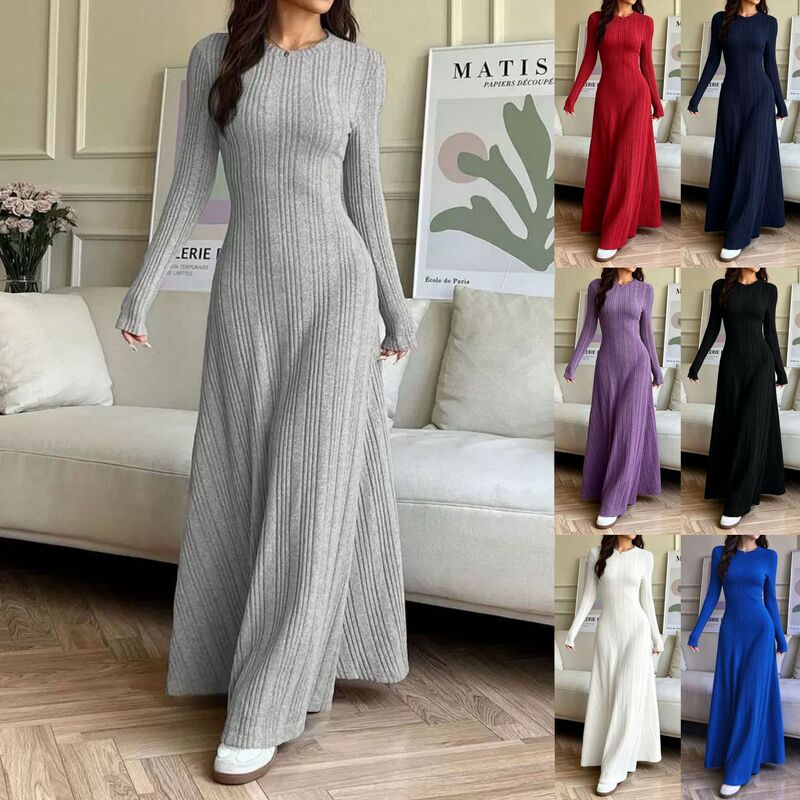 2026 Autumn/Winter European and American Cross-Border Women's Fashion Round Neck Long-Sleeve Ribbed Knit Elegant Dress Slim Fit Long Dress
